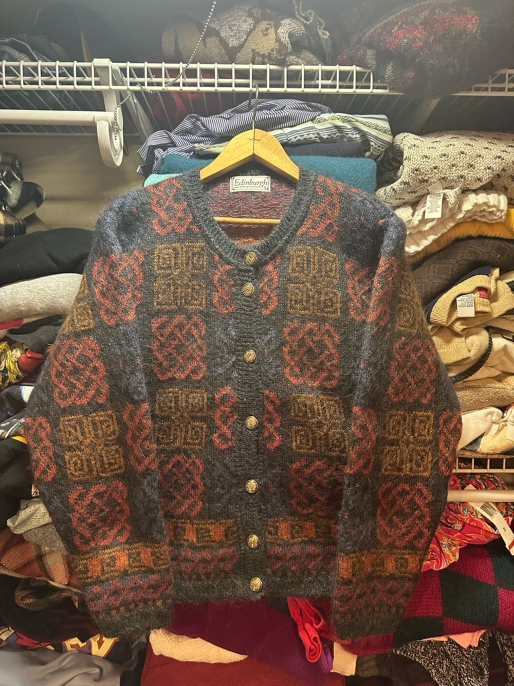 Vintage Edinburgh Mohair Knit Multicolor Celtic Cardigan Sweater Women's Size M